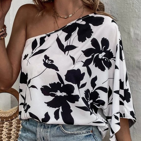 Floral One Shoulder Bohemian Cottagecore Top white black - Picture 6 of 6